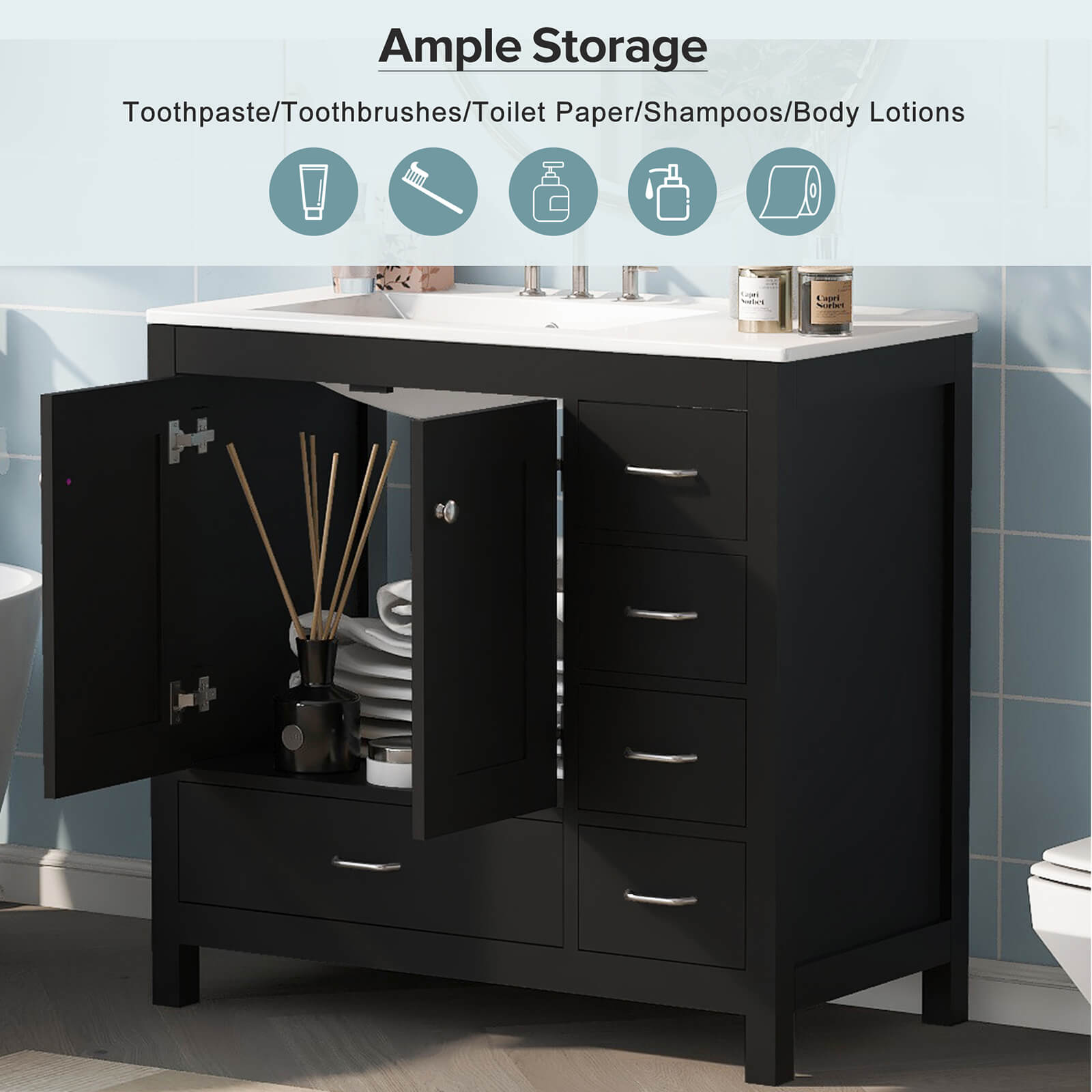 Storage Description for 36 Inch Black Bathroom Vanity with Drawers on Right