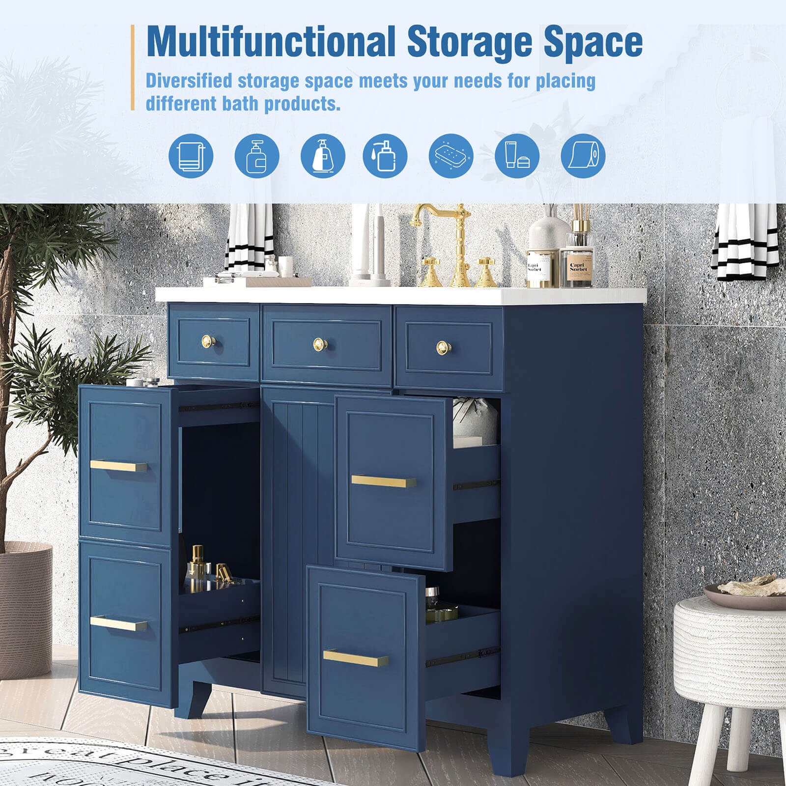 Storage Description of 36 inch Blue Bathroom Vanity with Integrated Resin Sink