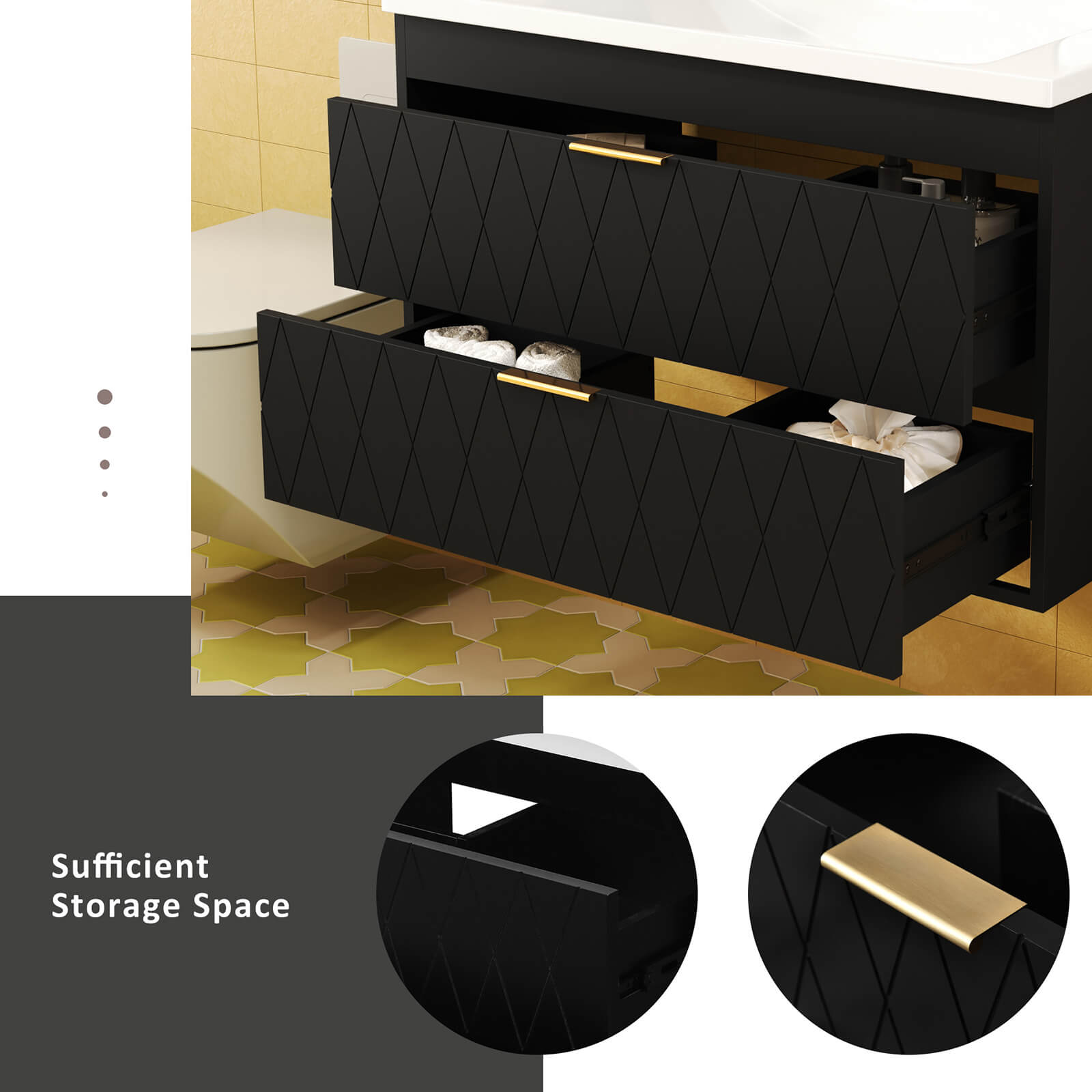 Storage details in a 30 in black bathroom vanity with gold hardware