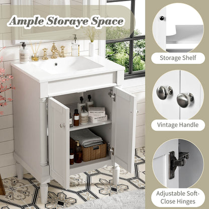 Storage diagram for a 24 inch white mid century modern bathroom vanity