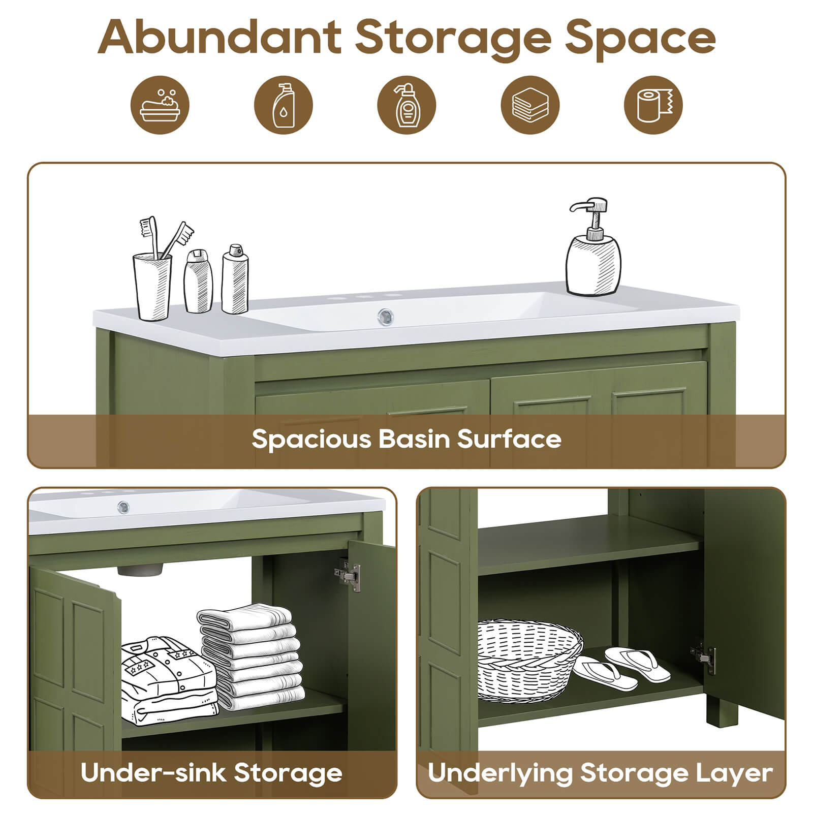 Storage diagram for a 36 inch olive green bathroom vanity with grid patterned doors