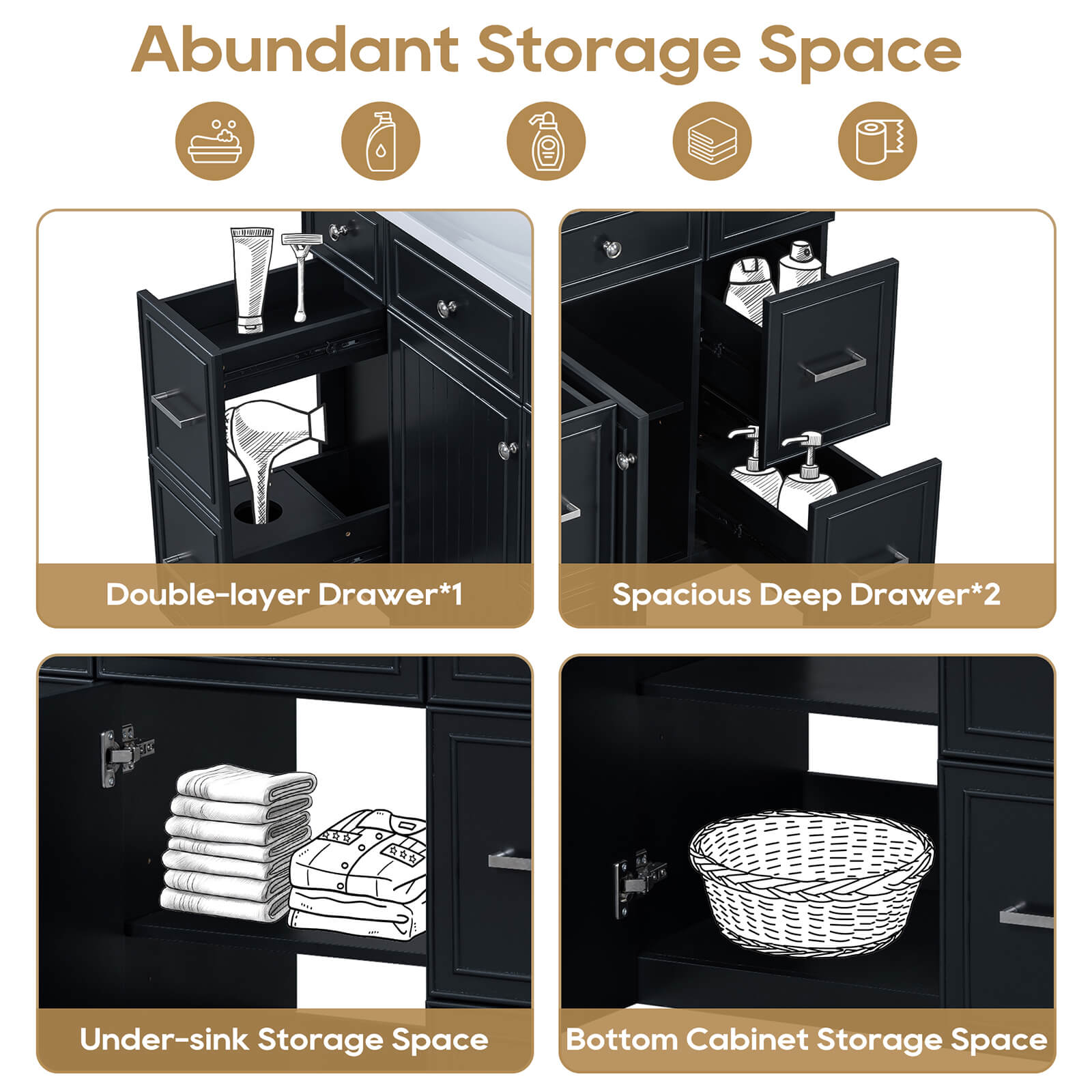 Storage diagram of 36 inch black bathroom vanity with integrated resin sink