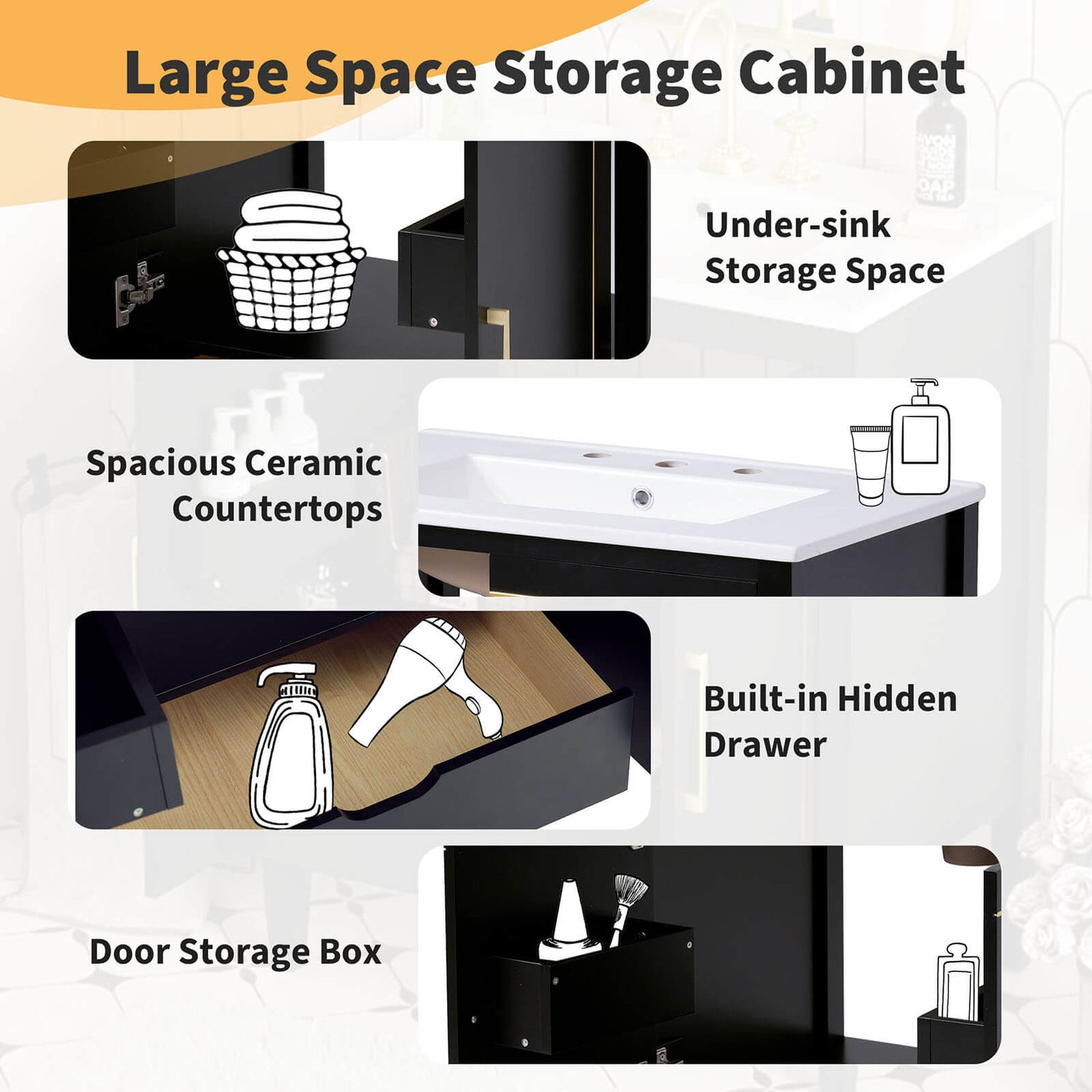 Storage diagram of a 30 inch bathroom vanity with built in hidden drawers