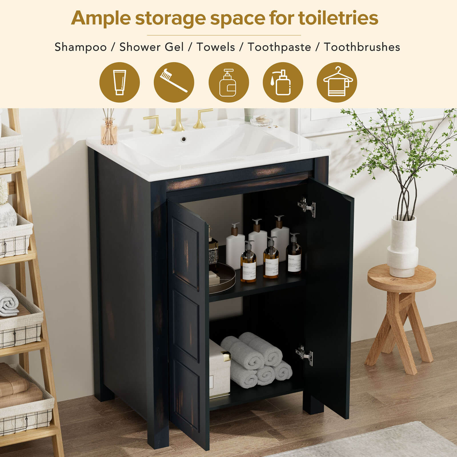 Storage Diagram for a 24 Inch Compact Vintage Solid Wood Bathroom Vanity