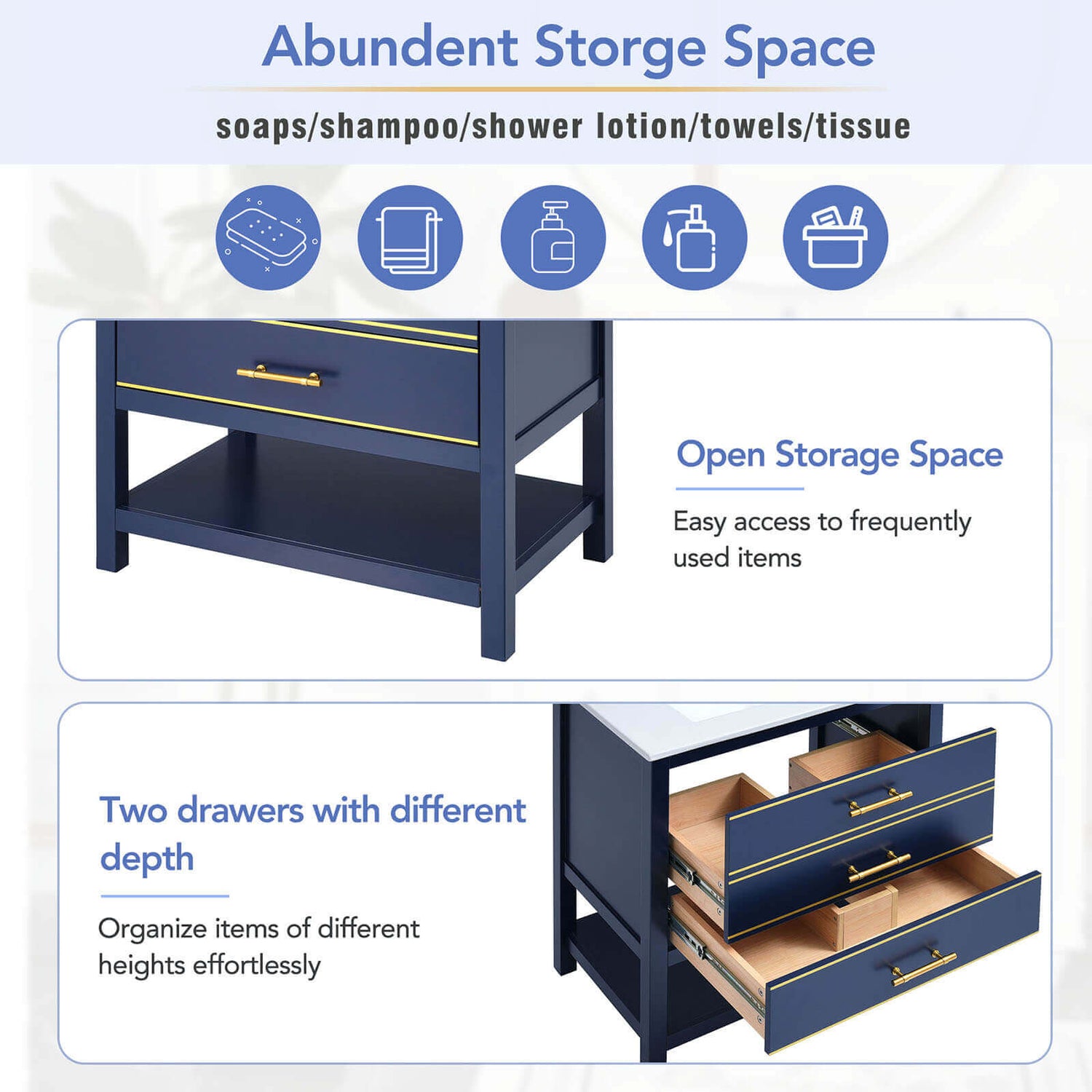 Storage Space Description for 30 Inch Navy Modern Freestanding Bathroom Vanity