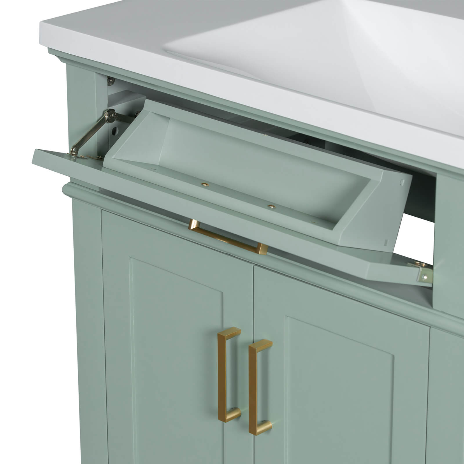 Storage compartment on mint green vanity for cosmetics and toiletries