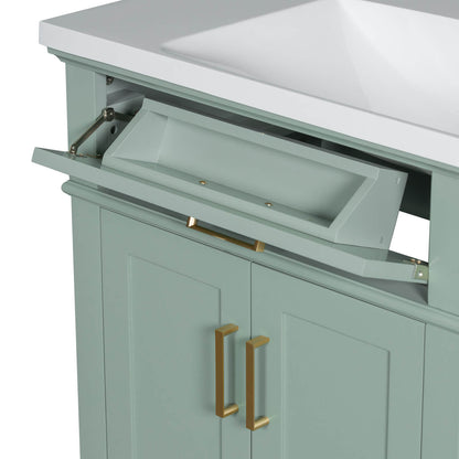 Storage compartment on mint green vanity for cosmetics and toiletries