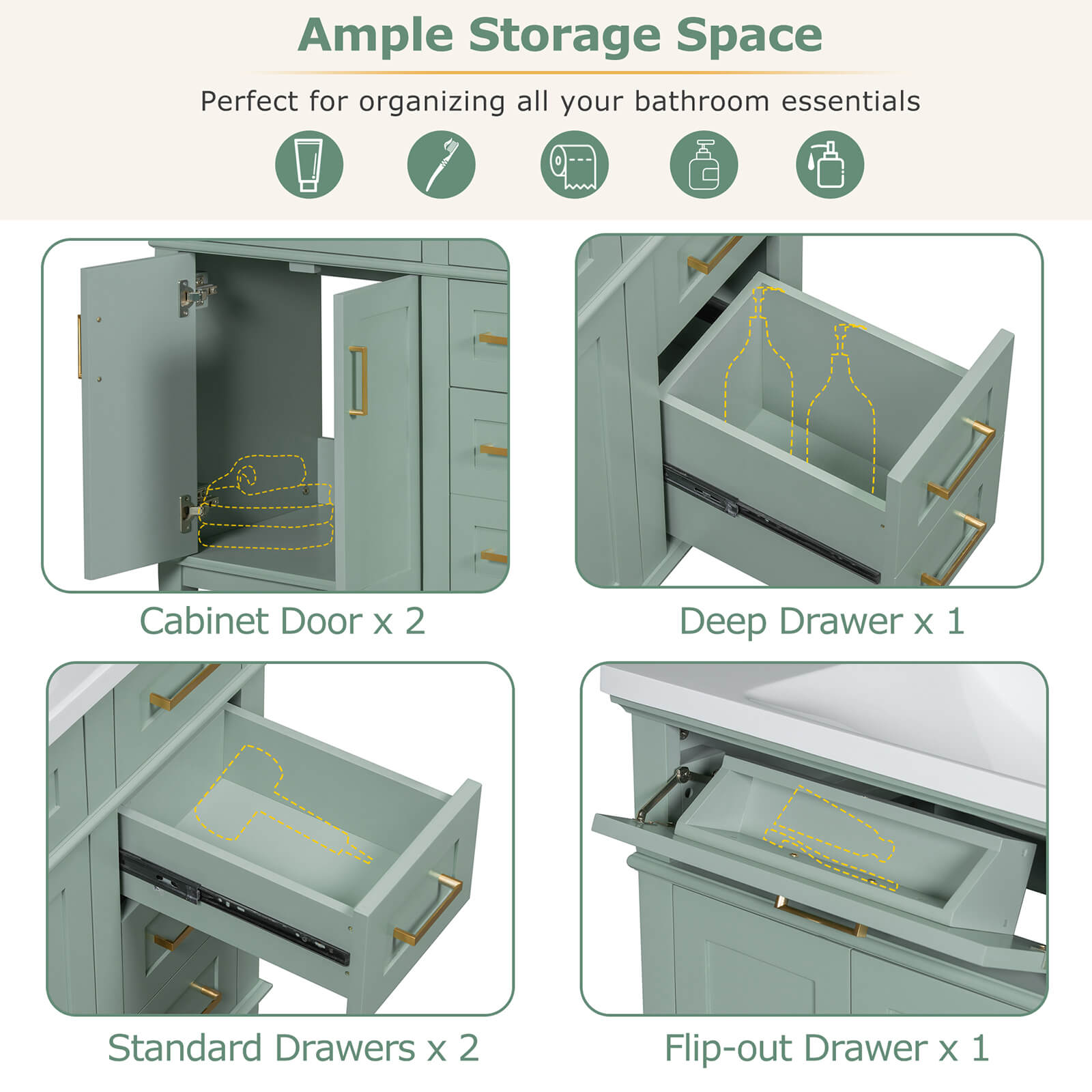 Storage detail of 36 inch mint green solid wood bathroom vanity with resin sink