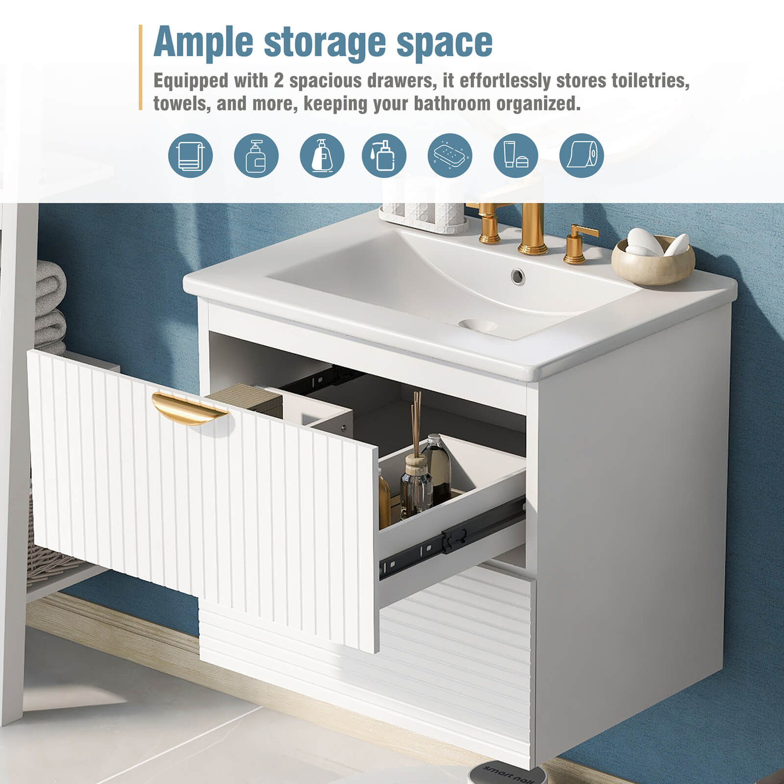 Storage diagram of 24 inch white floating bathroom vanity with sink