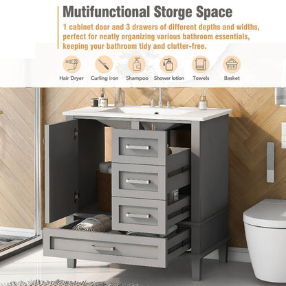 Storage diagram of a 30-inch grey solid wood bathroom vanity with countertop