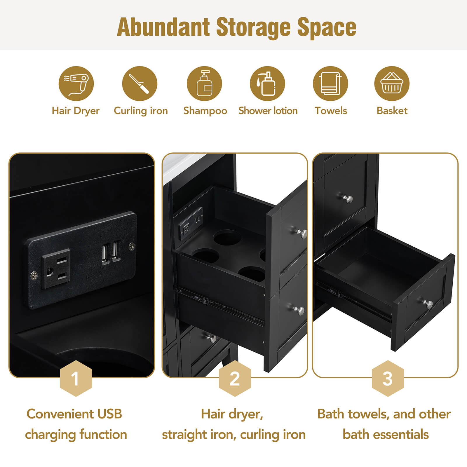 Storage display with integrated USB charging 36 inch black bathroom vanity