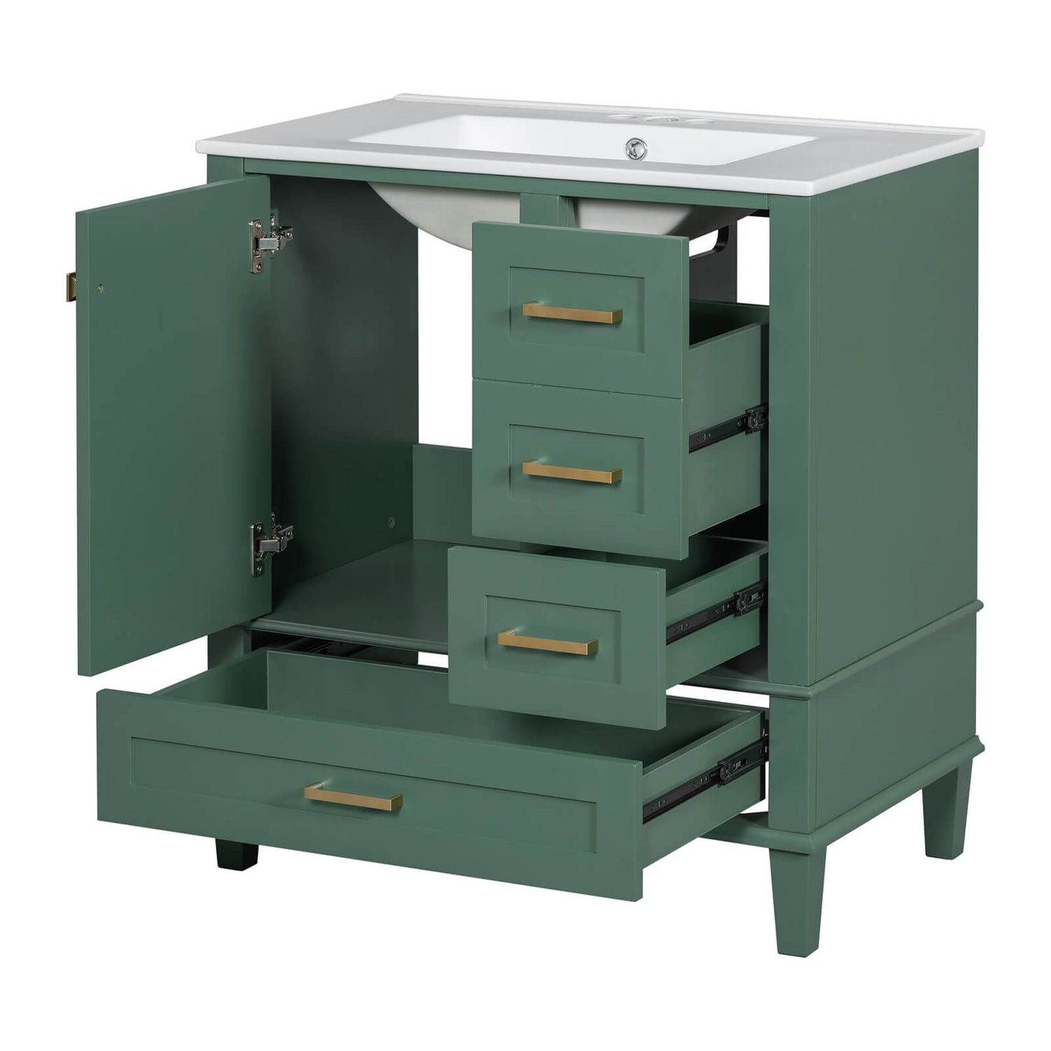 Stress-relieving deep green vanity with top and storage compartments