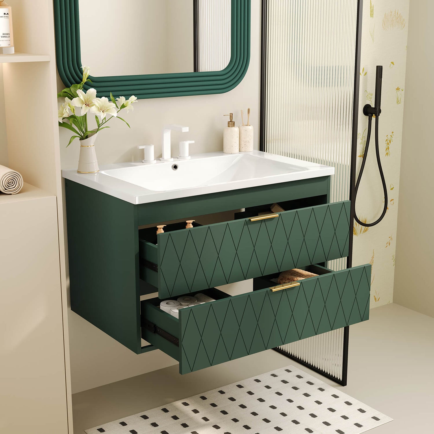 Stunning Green Vanity with Gold Handles  Perfect for modern bathroom spaces