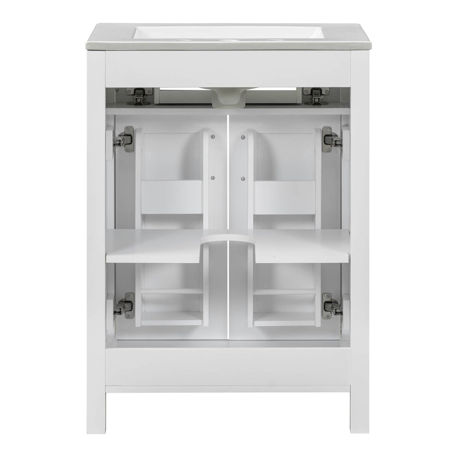 Stylish 24 in White Vanity for Small Spaces with Built In Rack Inside the Door