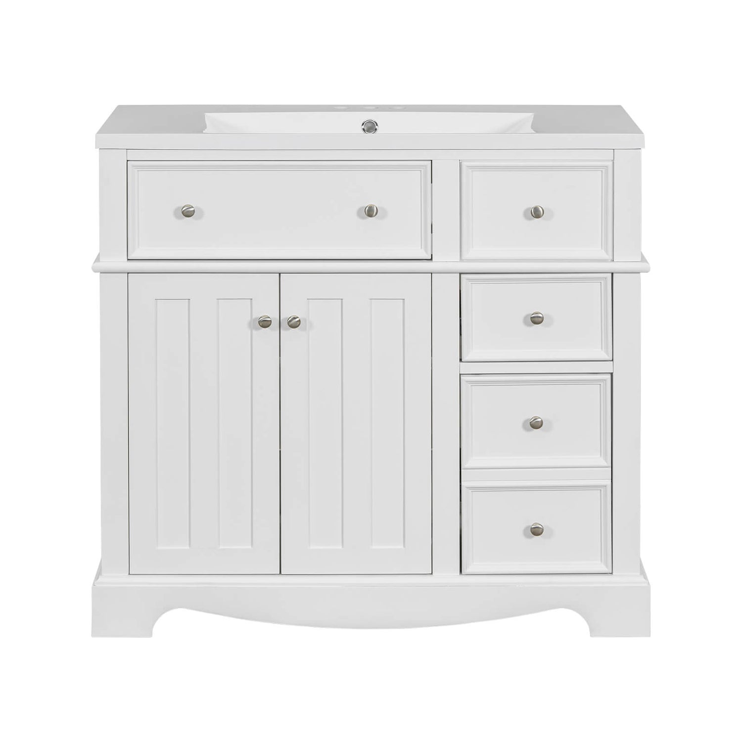 Stylish 36 in white freestanding vanity with right side drawer for easy access