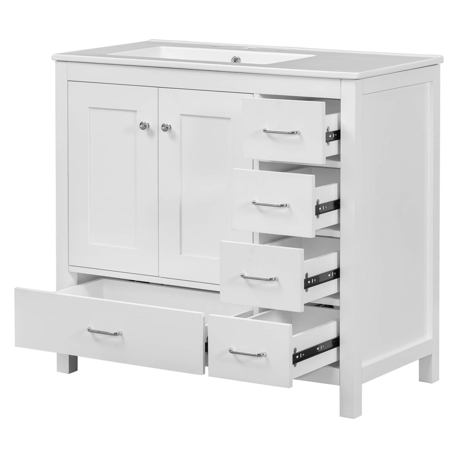 Stylish 36 inch White Vanity with Right Side Drawer for Bathroom Storage