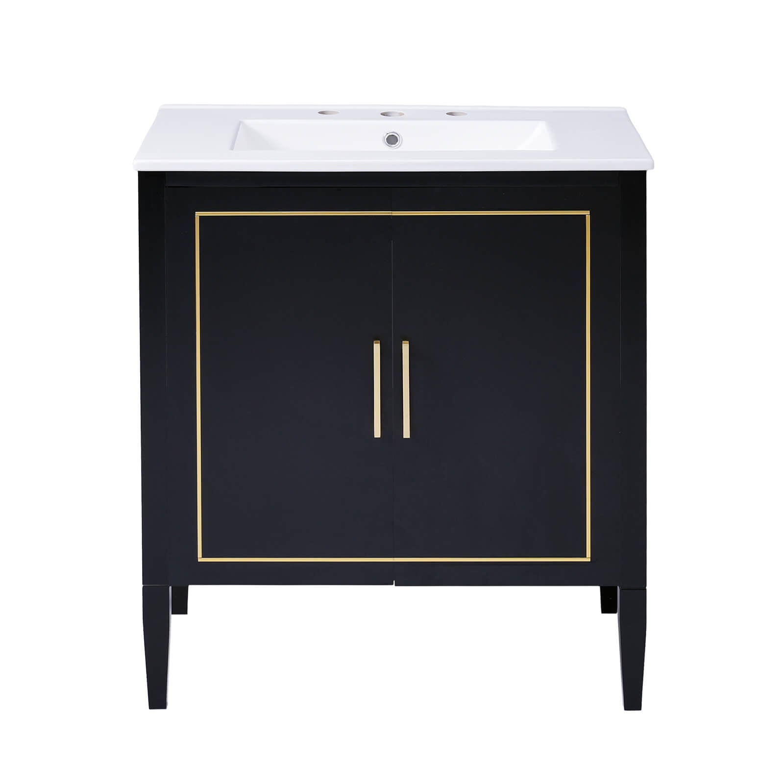 Stylish and functional 30 inch bathroom vanity with black polished surface and gold trim