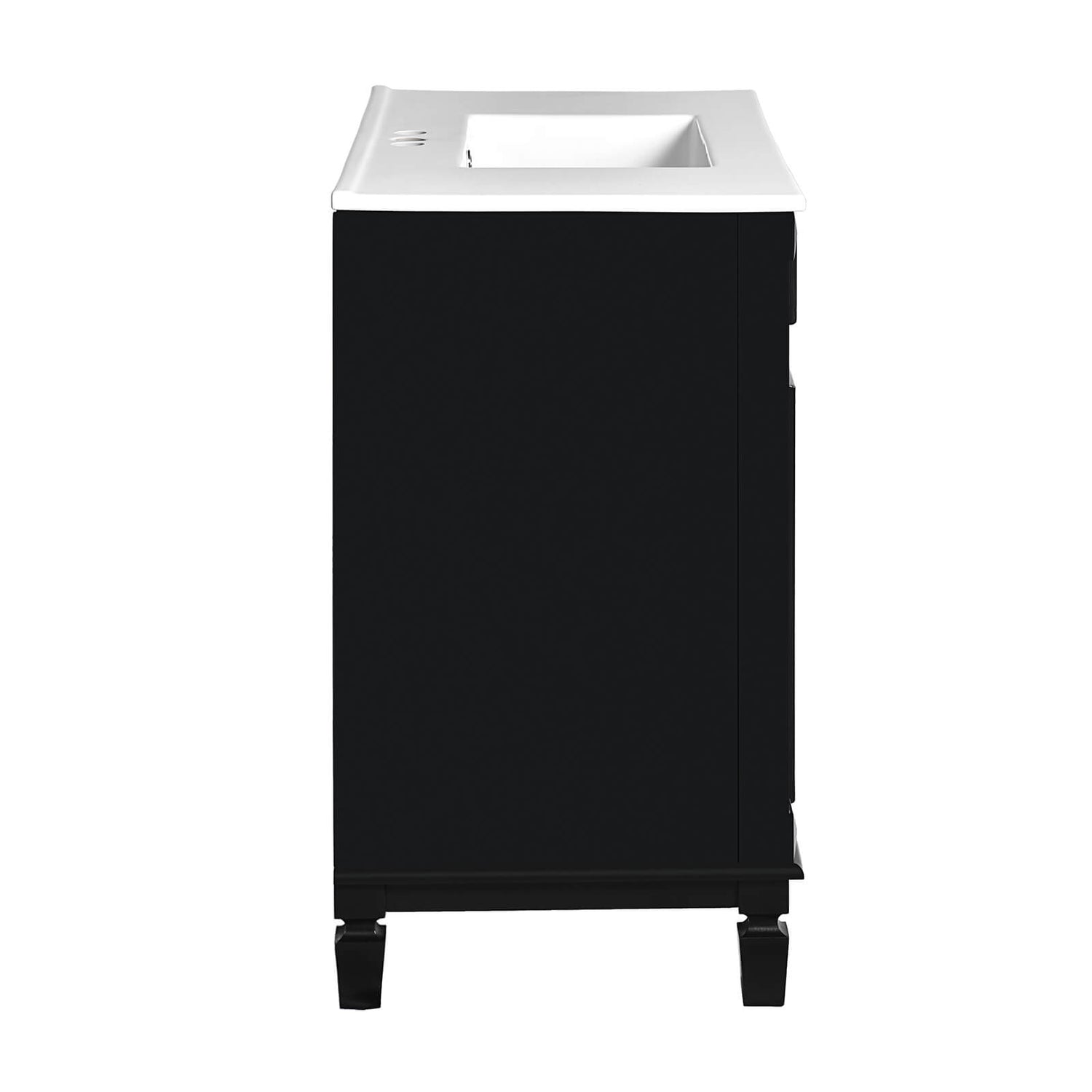 Stylish black freestanding bathroom vanity with soft close drawers and doors