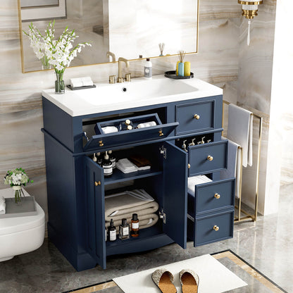 Stylish blue freestanding vanity with right side drawer and adjustable storage shelves