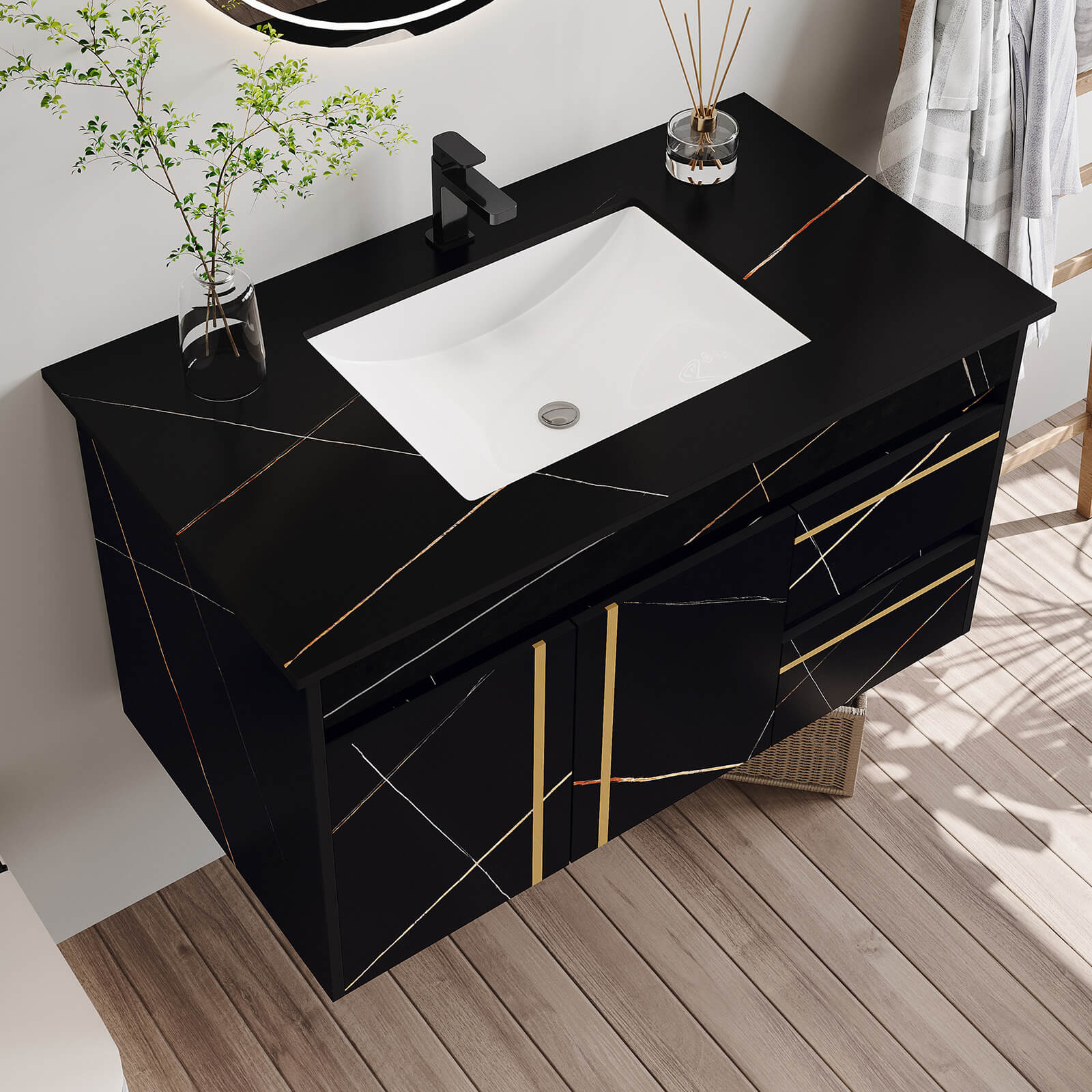 Stylish floating bathroom vanity featuring a smooth marble countertop