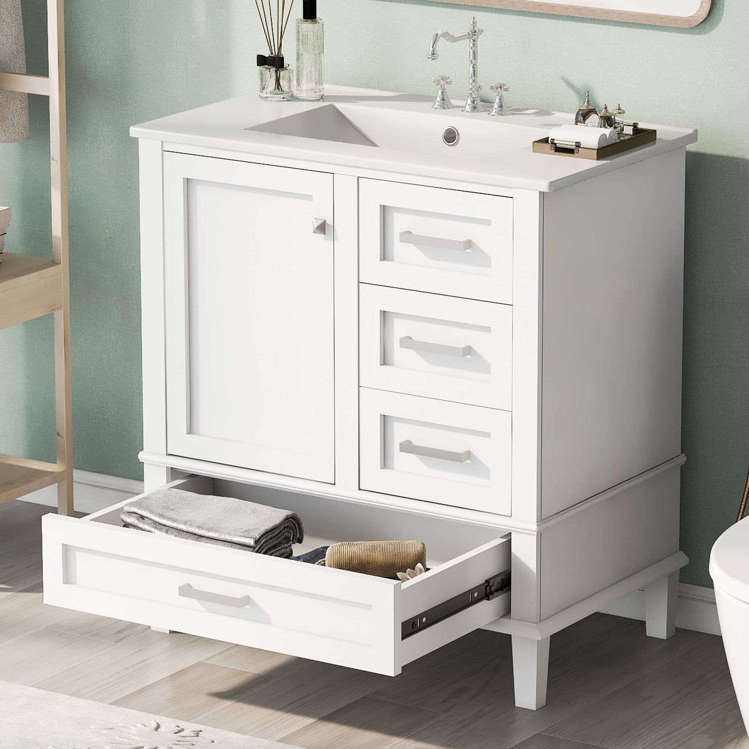 Stylish 30-inch white bathroom vanity with solid wood frame and top