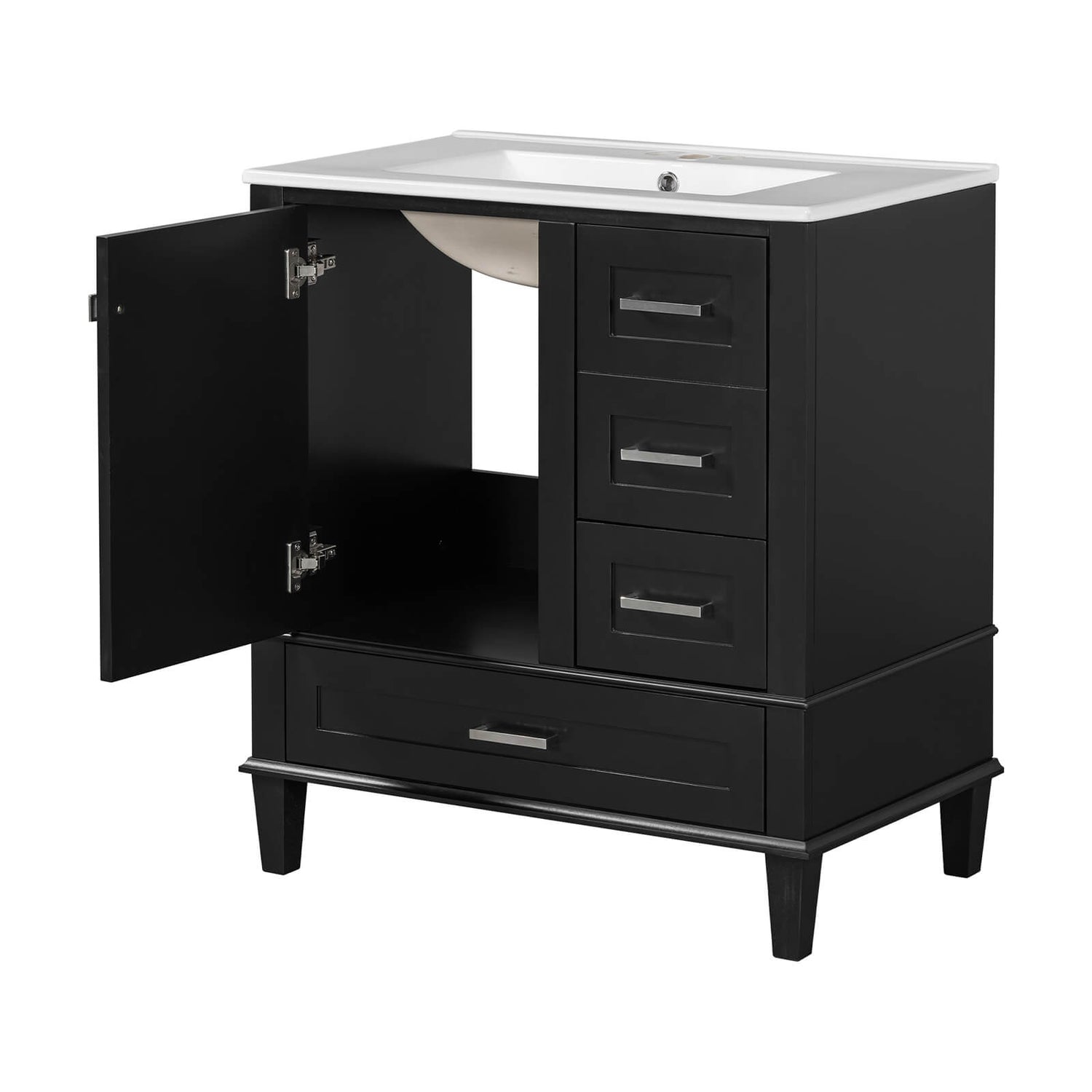 Stylish 30 black vanity with sleek white ceramic surface and black cabinet