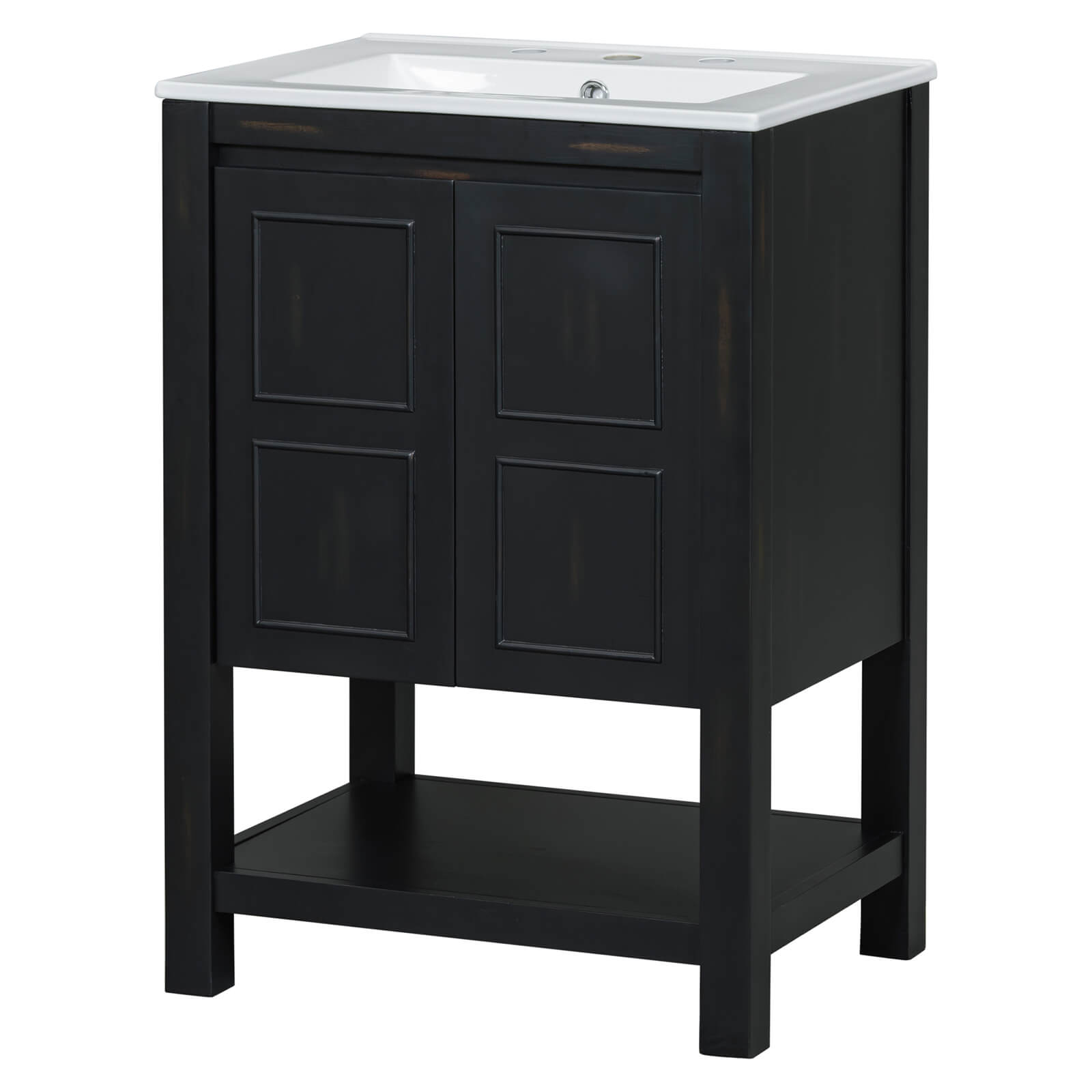 Stylish freestanding bathroom vanity with high-quality ceramic sink and open racks