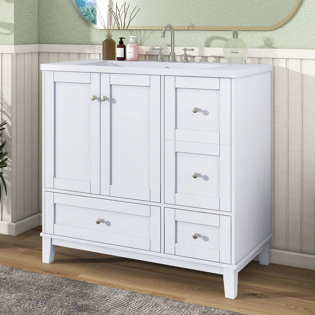 Stylish white bathroom vanity with USB charging ports