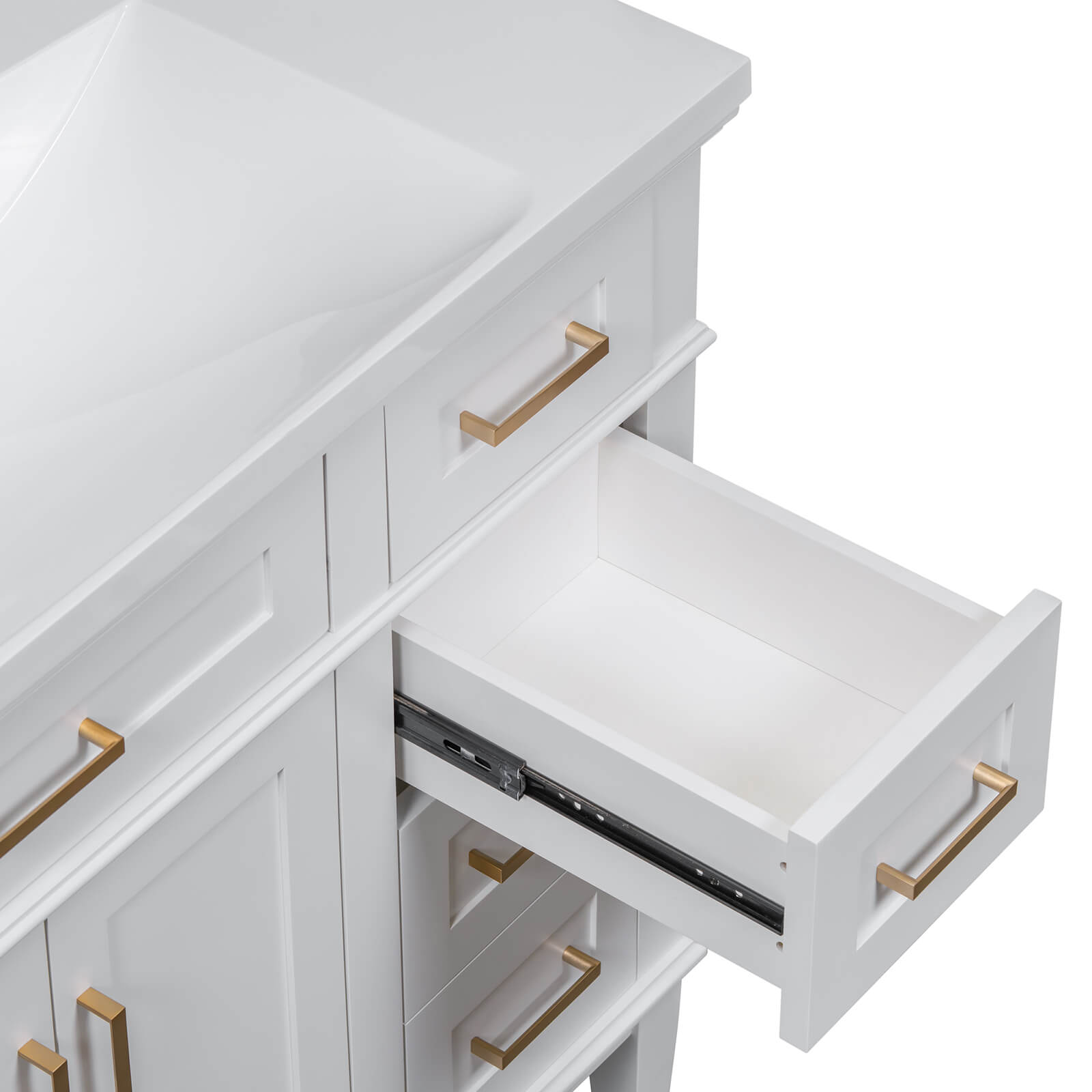 Stylish white bathroom vanity with extra storage