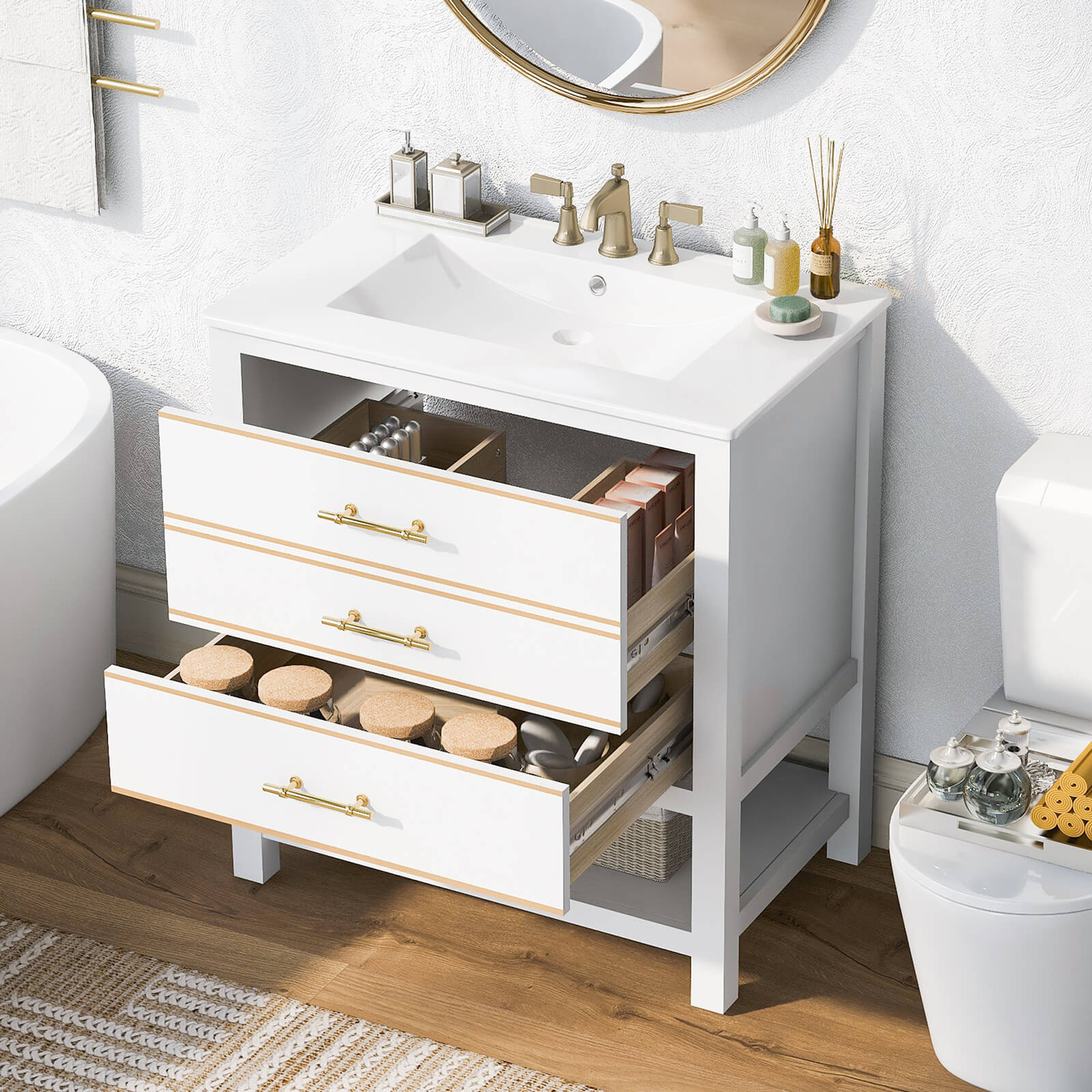 The vanity installed in a bathroom with a modern decor theme