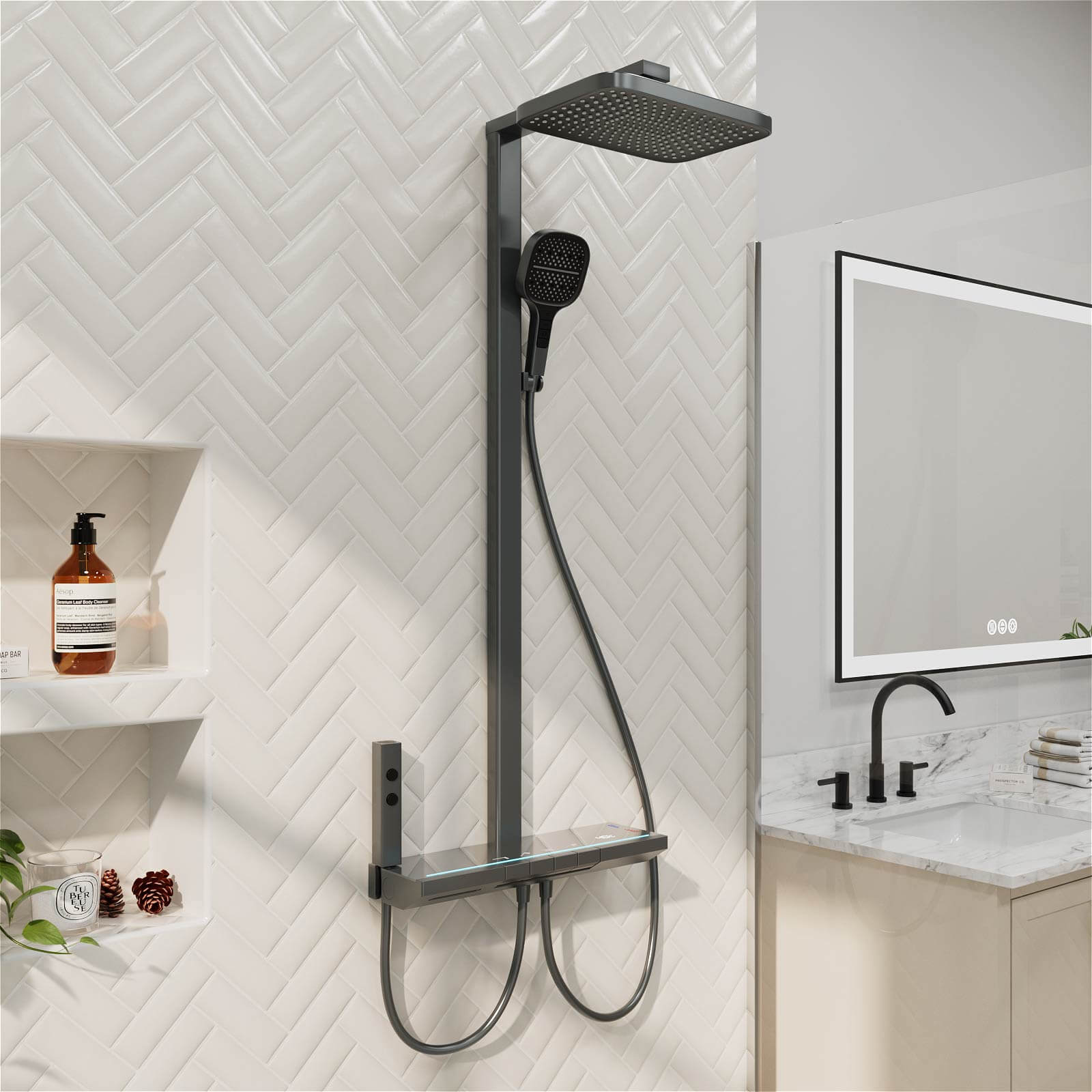 12&quot; Thermostatic Shower System with Piano Key Digital Display Ambient Lights, Tub Spout, Hand Shower, Bidet Sprayer