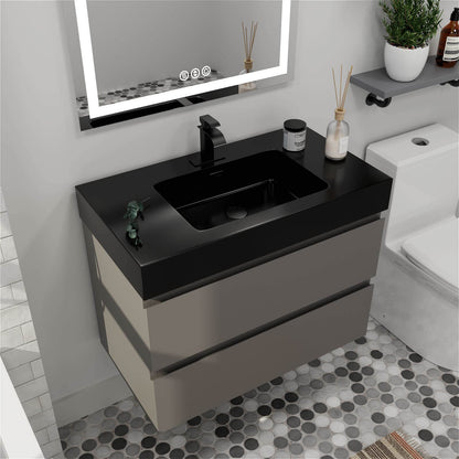 Timeless 36 inch gray bathroom vanity with black sink and minimalist design