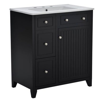 Top down view of 30 inch black vanity with two drawers and ceramic sink