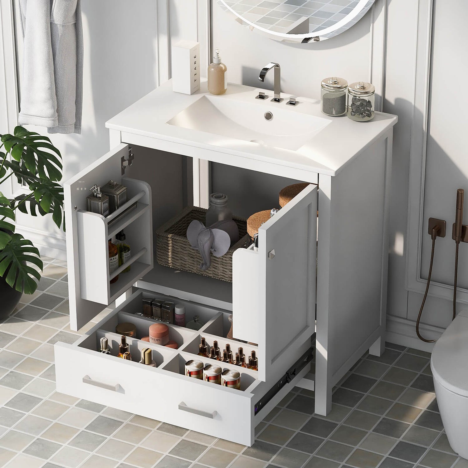 Top-down view of the vanity with the sink and storage compartments visible