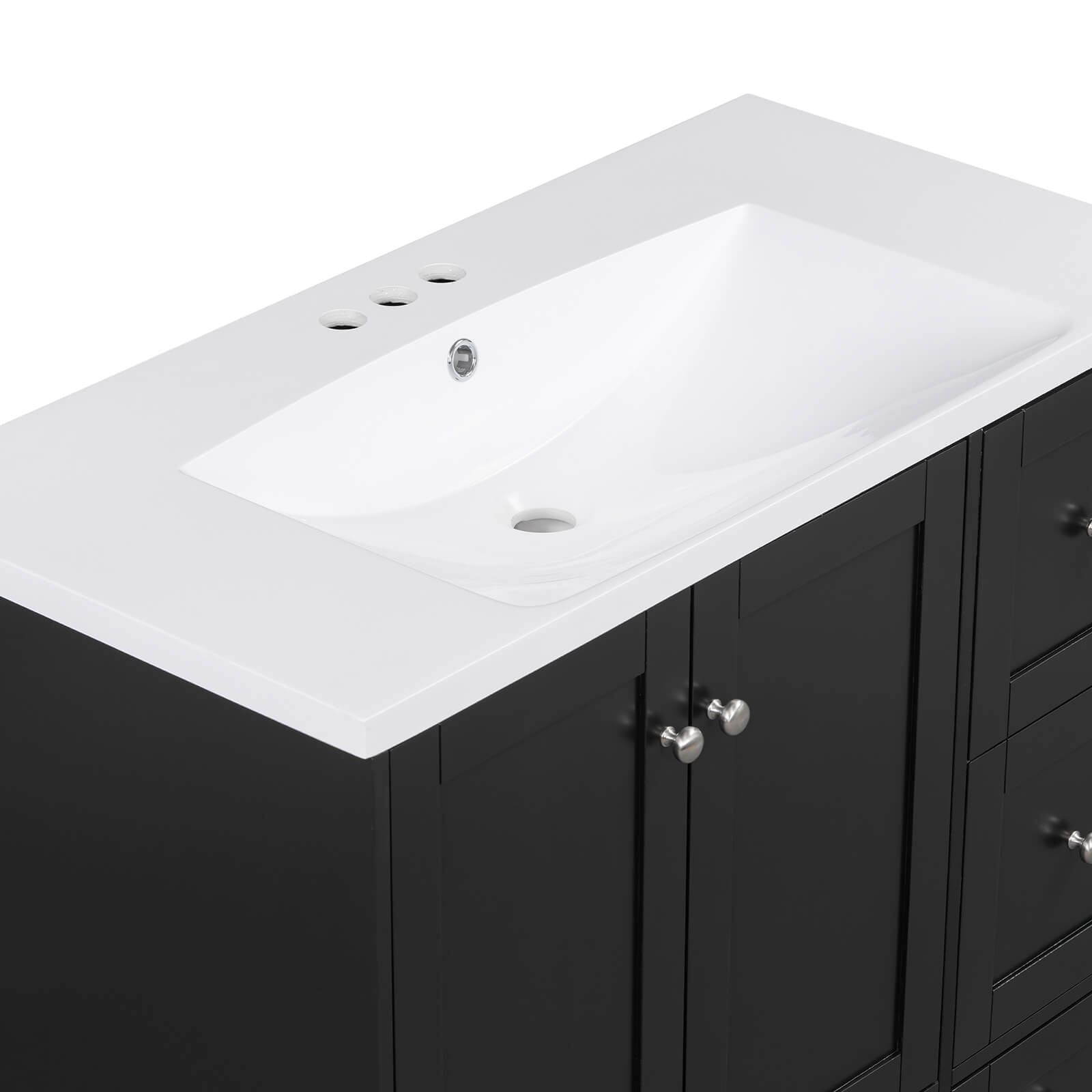 Top view of a 36 inch black bathroom vanity with integrated USB charging