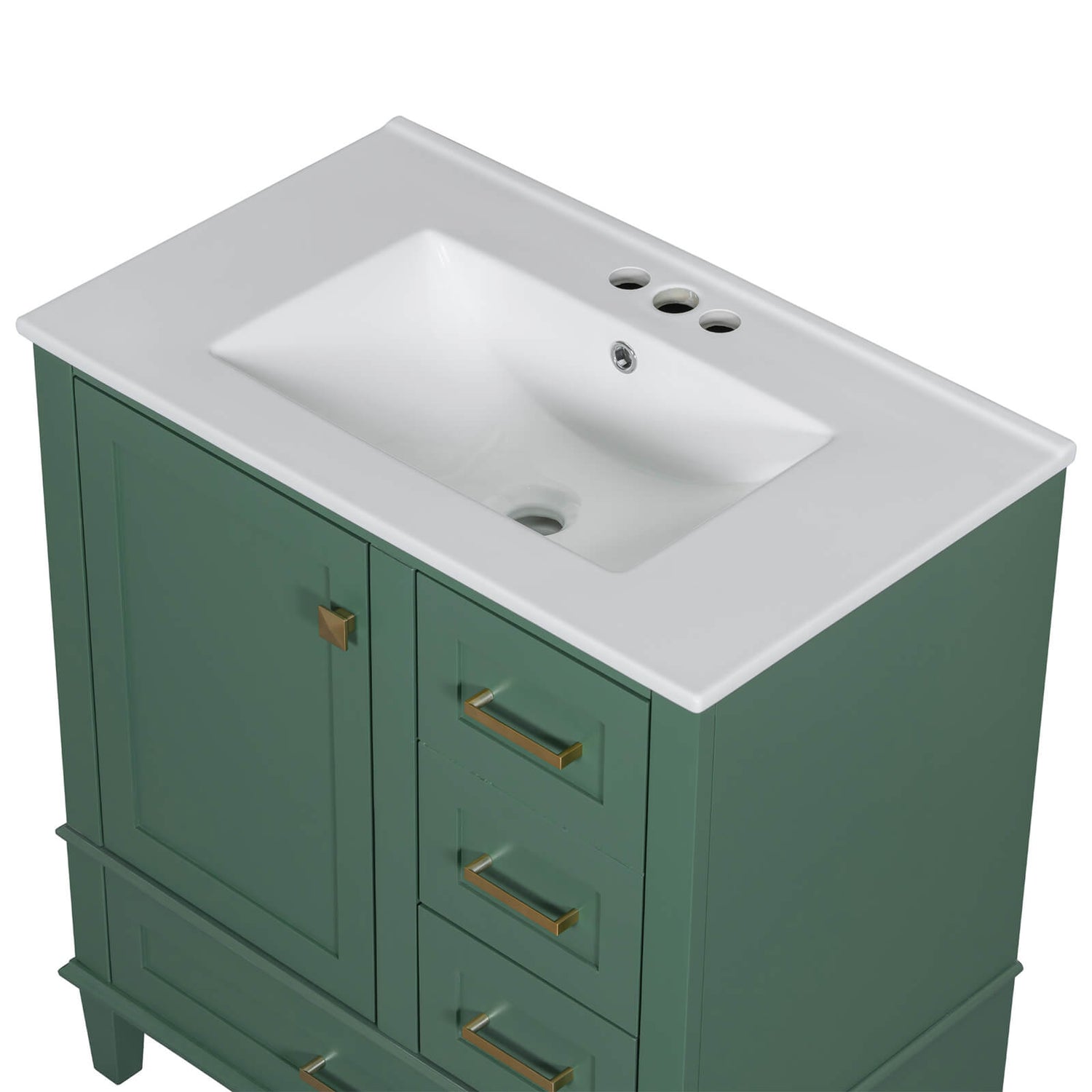 Top view of dark green solid wood bathroom vanity with countertop 30 inches