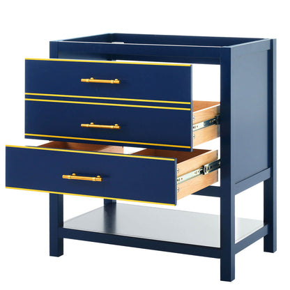 Two deep drawers in a navy blue freestanding vanity providing versatile storage solutions