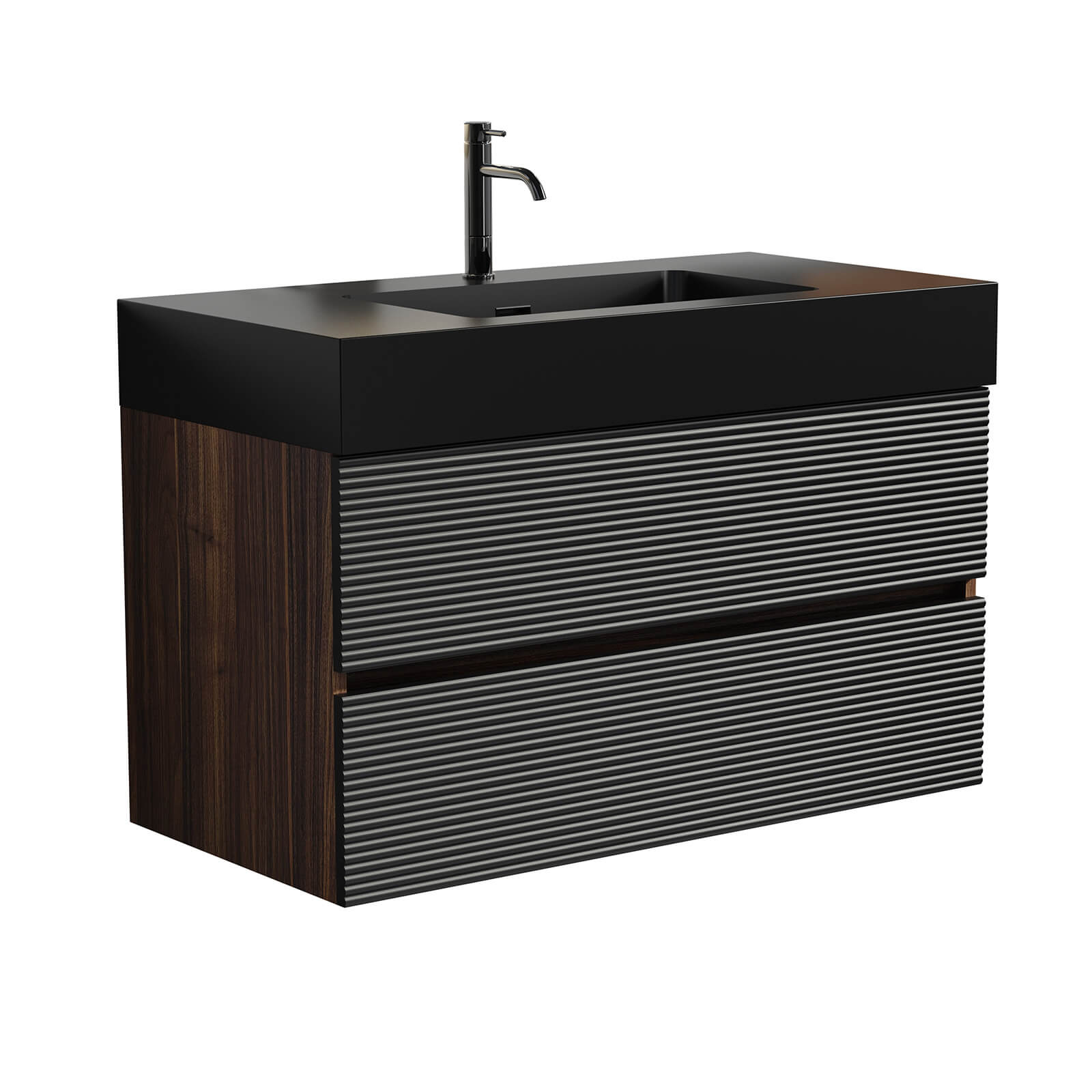 U shaped drawer design optimizing space in floating bathroom vanity