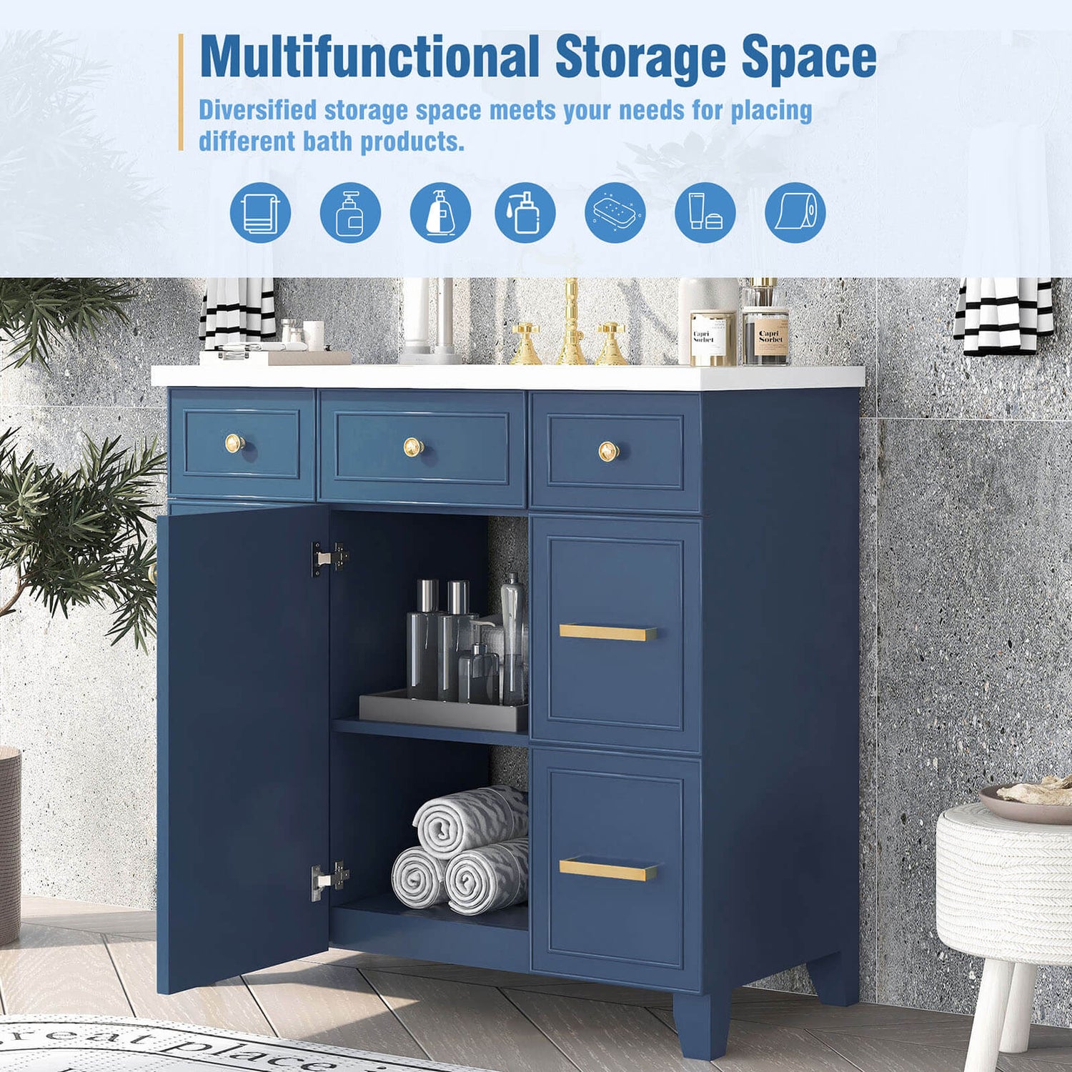 Versatile Storage with Integrated Resin Sink 36 inch Blue Bathroom Vanity