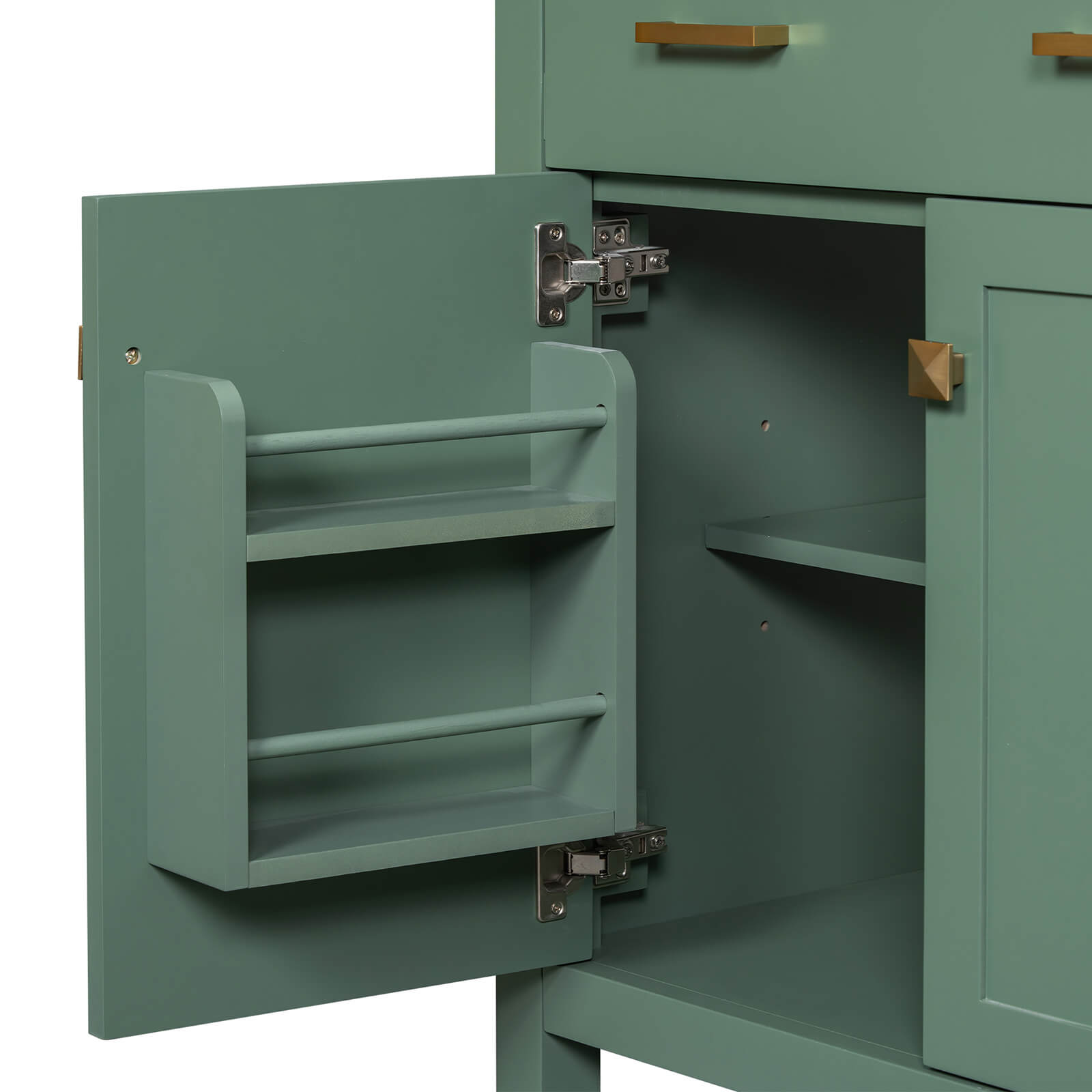 Versatile bathroom vanity in sage green with organized storage solutions