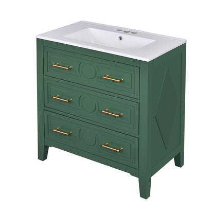 Vintage green bathroom vanity with easy to clean ceramic sink and waterproof finish