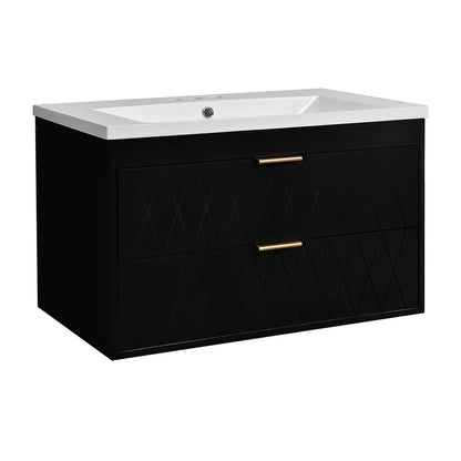 Wall mounted black vanity with gold accents and smooth glide drawers