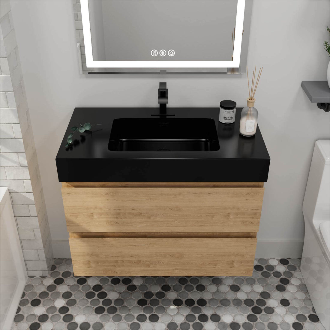 Wall mounted oak bathroom vanity with integrated black solid surface sink_ enhancing space