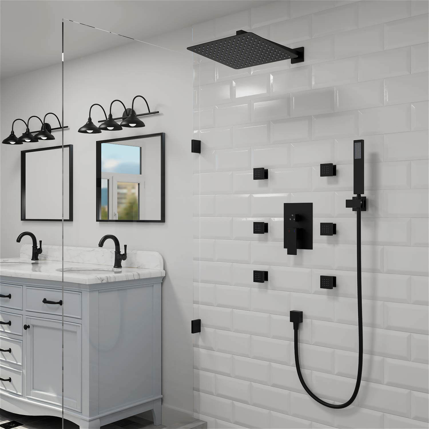 Wall mounted single handle shower system with 6 body jets