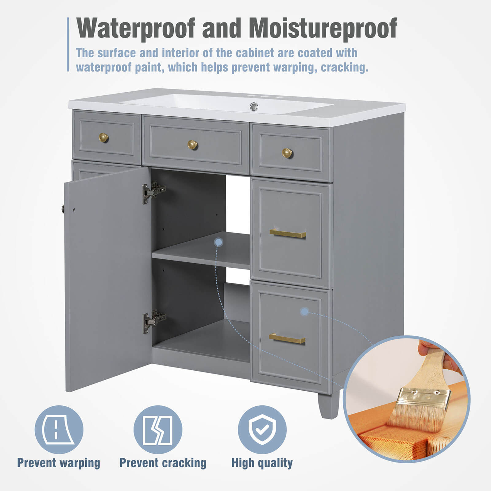 Waterproof Paint Instructions for 36 inch Grey Bathroom Vanity with Integrated Resin Sink