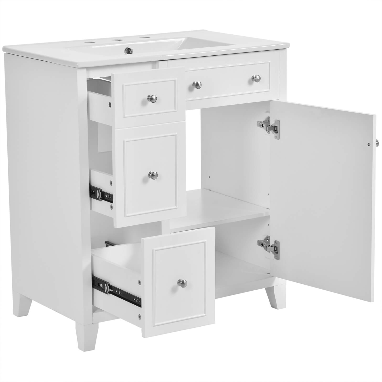 White 30 inch bathroom vanity with double tiered drawer for toiletries