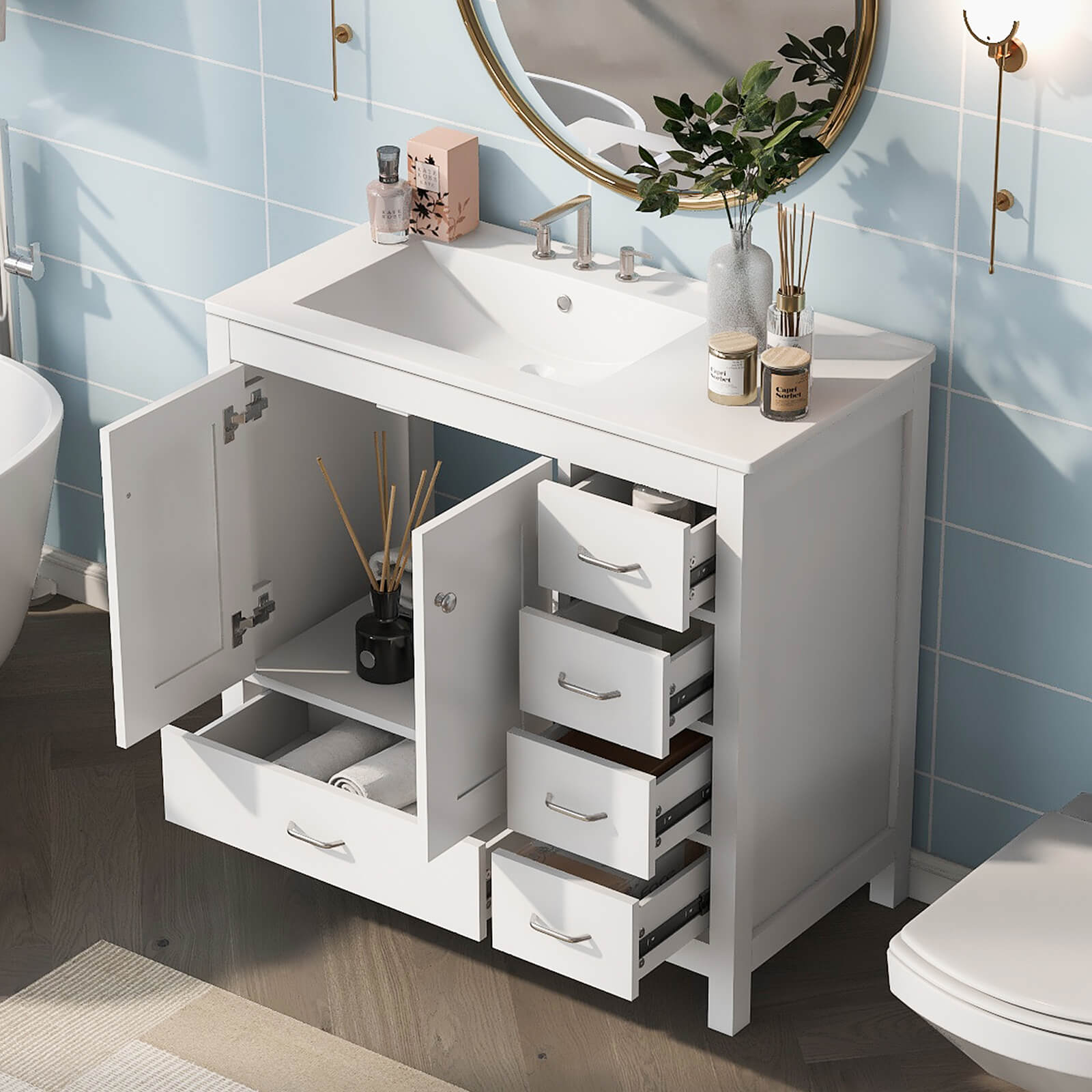 White 36 inch Bathroom Vanity with Offset Sink and Right Side Drawer