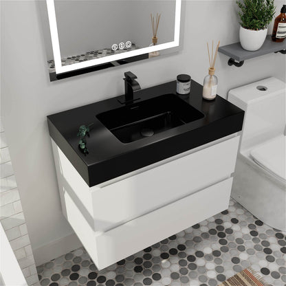 White Bathroom Vanity with Luxurious Black Sink Integration