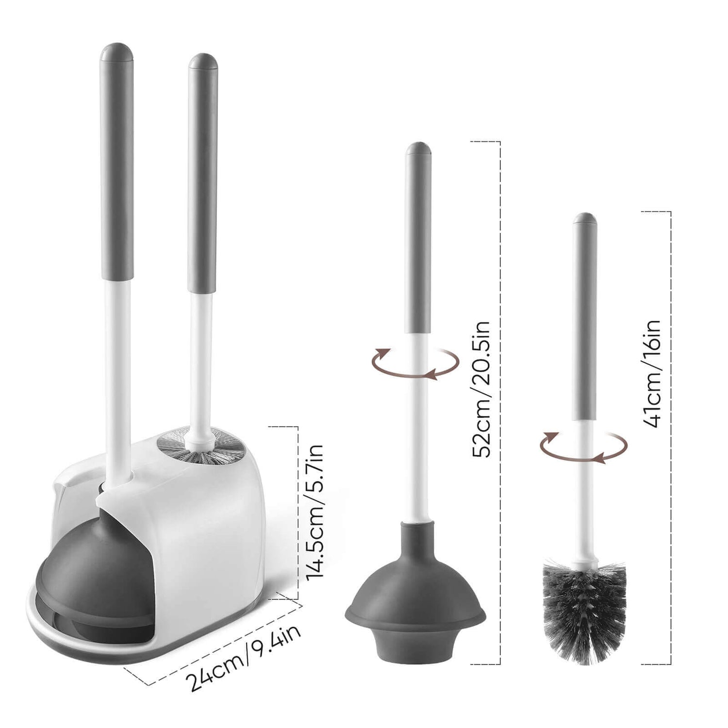 White Toilet Brush and Plunger 2 Piece Set with Holder Dimensions