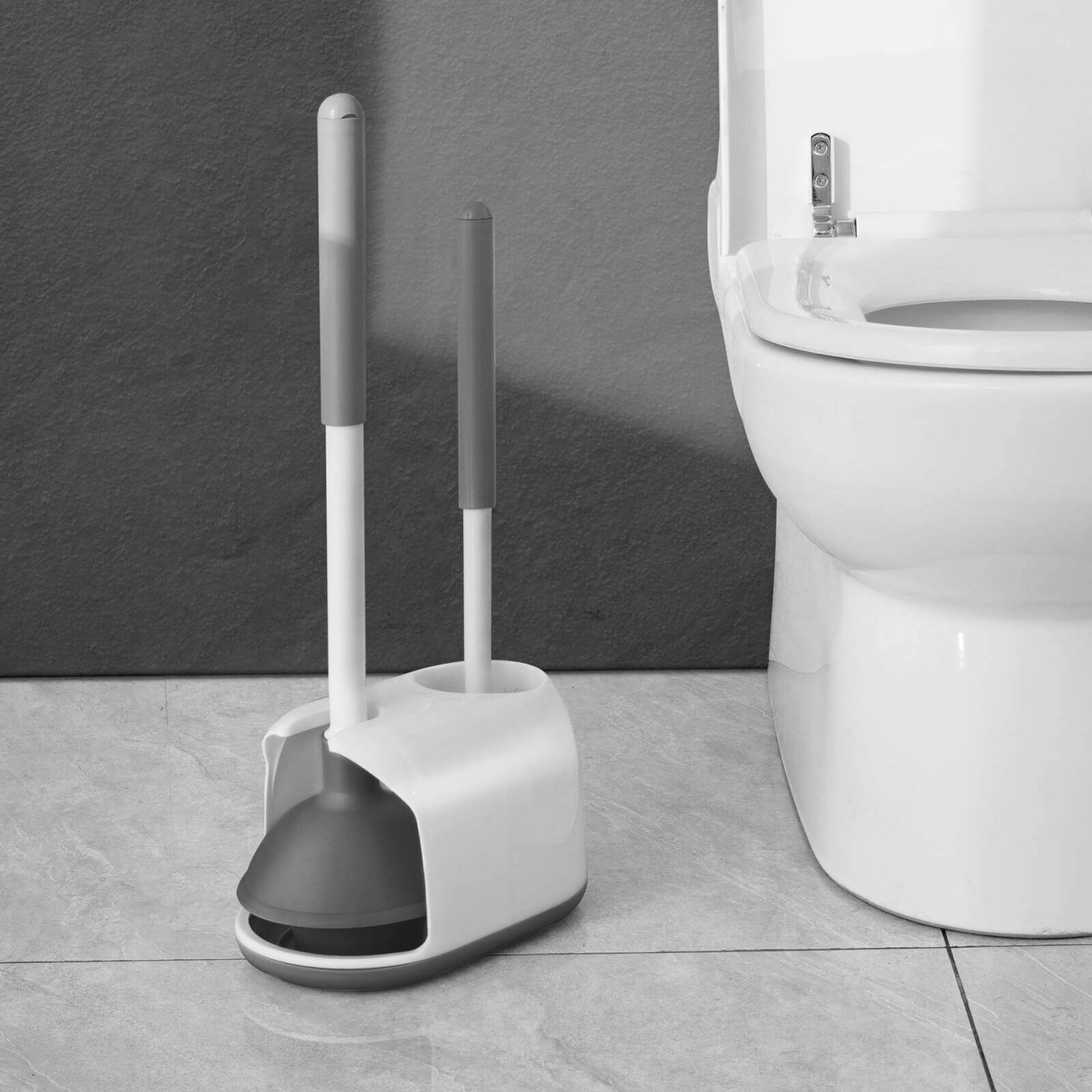 White Toilet Brush and Plunger 2 Piece Set with Holder